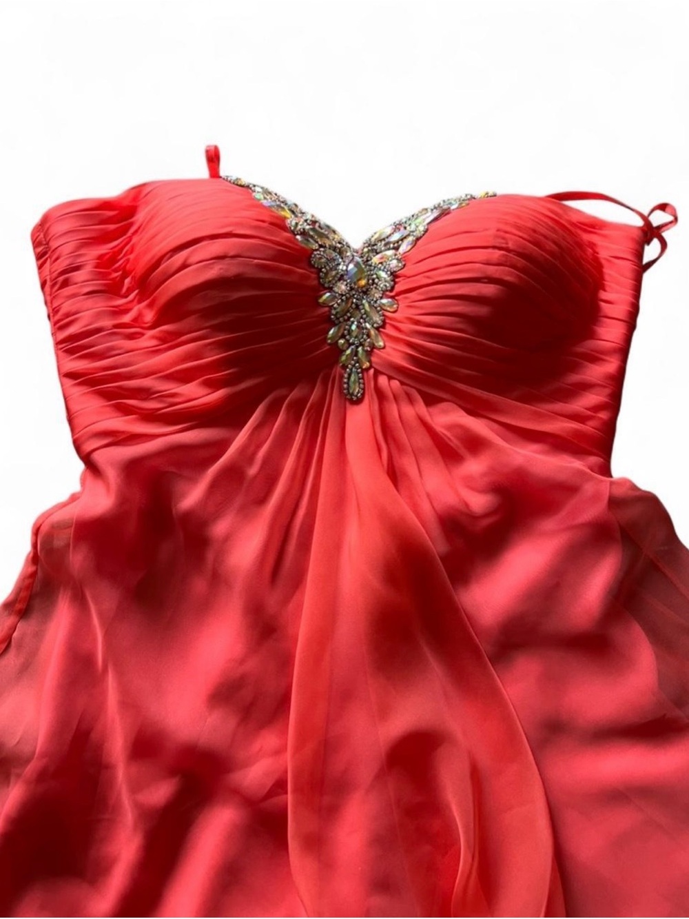 Brand New La Femme Strapless Red Evening Gown with Jeweled Bodice | Size 12